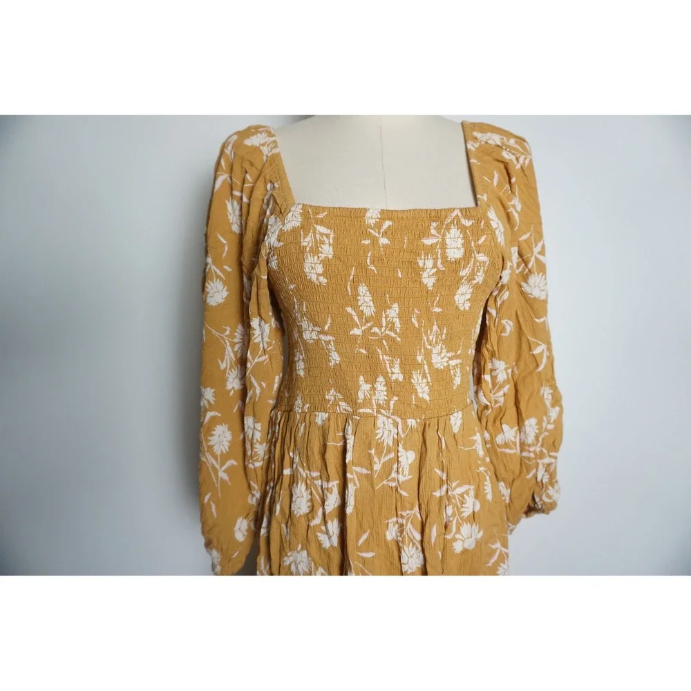 Billabong Mustard Yellow Floral Smocked Mini Dress Long Puff Sleeve Medium
